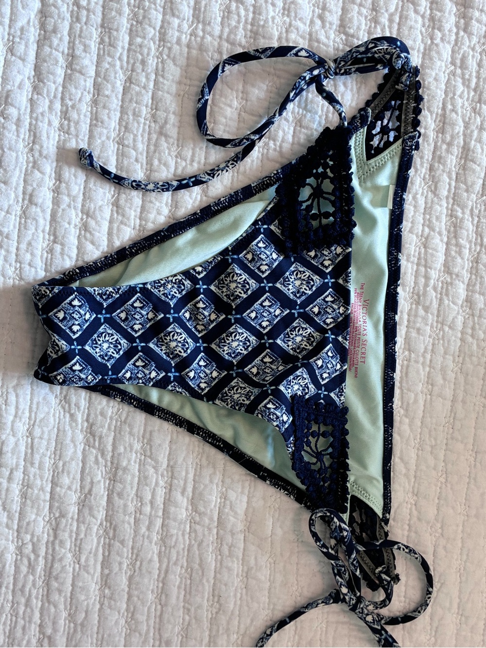 Victoria's Secret Navy and Light Blue Tile-Print Tie-Side Bikini Bottoms